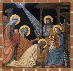 The Epiphany is depicted in a mural titled "Adoration of the Magi" in the Basilica of the Immaculate Conception at Conception Abbey in Conception, Mo. Painted by Benedictine monks in the late 1800s, the artwork is the first appearance of the German Beuronese style in a U.S. church. Christians celebrate the incarnation of the divine word -- the birth of Christ -- Dec. 25. The feast of the Epiphany is Jan. 2. (CNS photo courtesy Conception Abbey) (Nov. 8, 2004)
